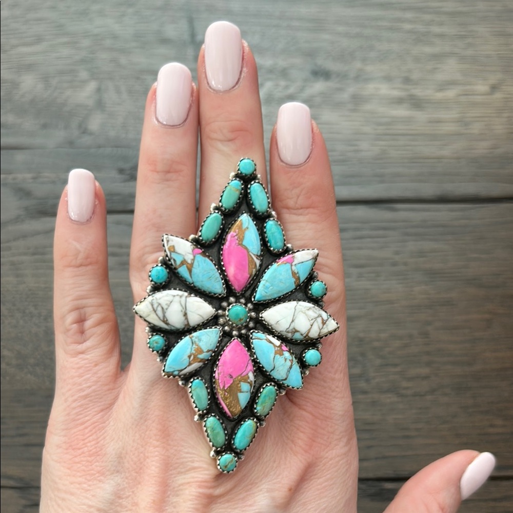 Sterling Turquoise and Pink Statement Ring